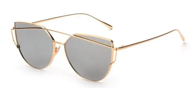 Women's Twin Beam Cat Eye Rose Gold Designer Sunglasses with Mirror Lens