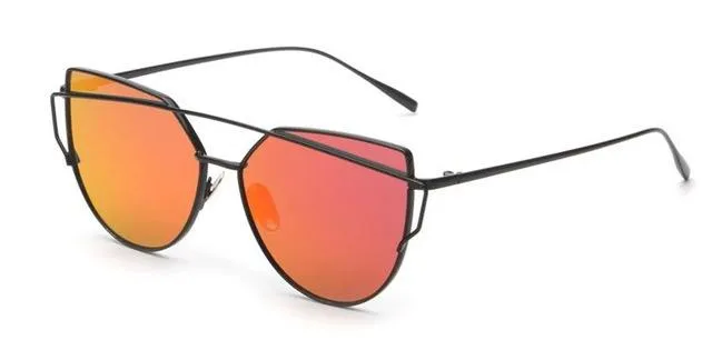 Women's Twin Beam Cat Eye Rose Gold Designer Sunglasses with Mirror Lens