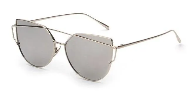 Women's Twin Beam Cat Eye Rose Gold Designer Sunglasses with Mirror Lens