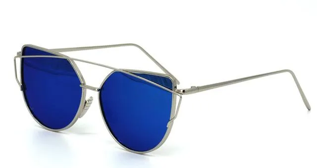 Women's Twin Beam Cat Eye Rose Gold Designer Sunglasses with Mirror Lens