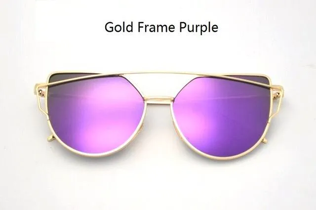 Women's Twin Beam Cat Eye Rose Gold Designer Sunglasses with Mirror Lens
