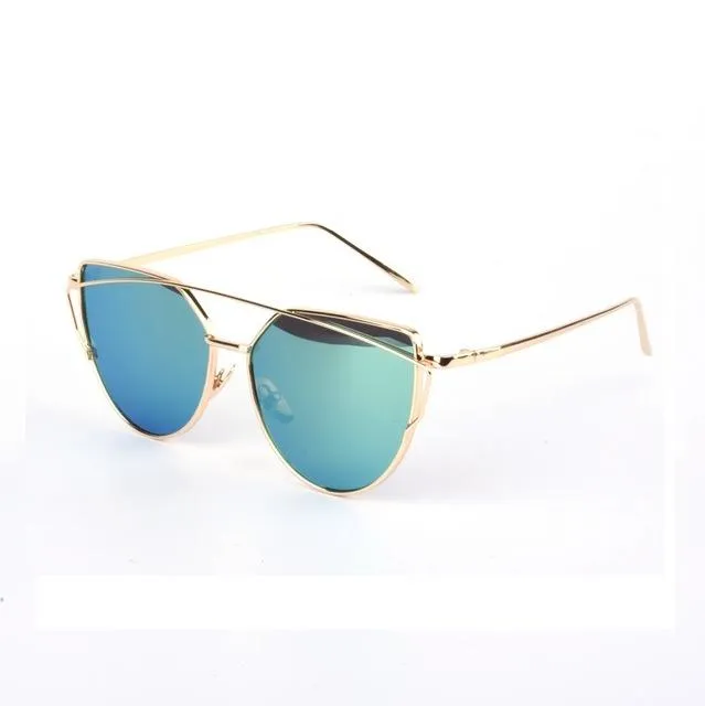 Women's Twin Beam Cat Eye Rose Gold Designer Sunglasses with Mirror Lens