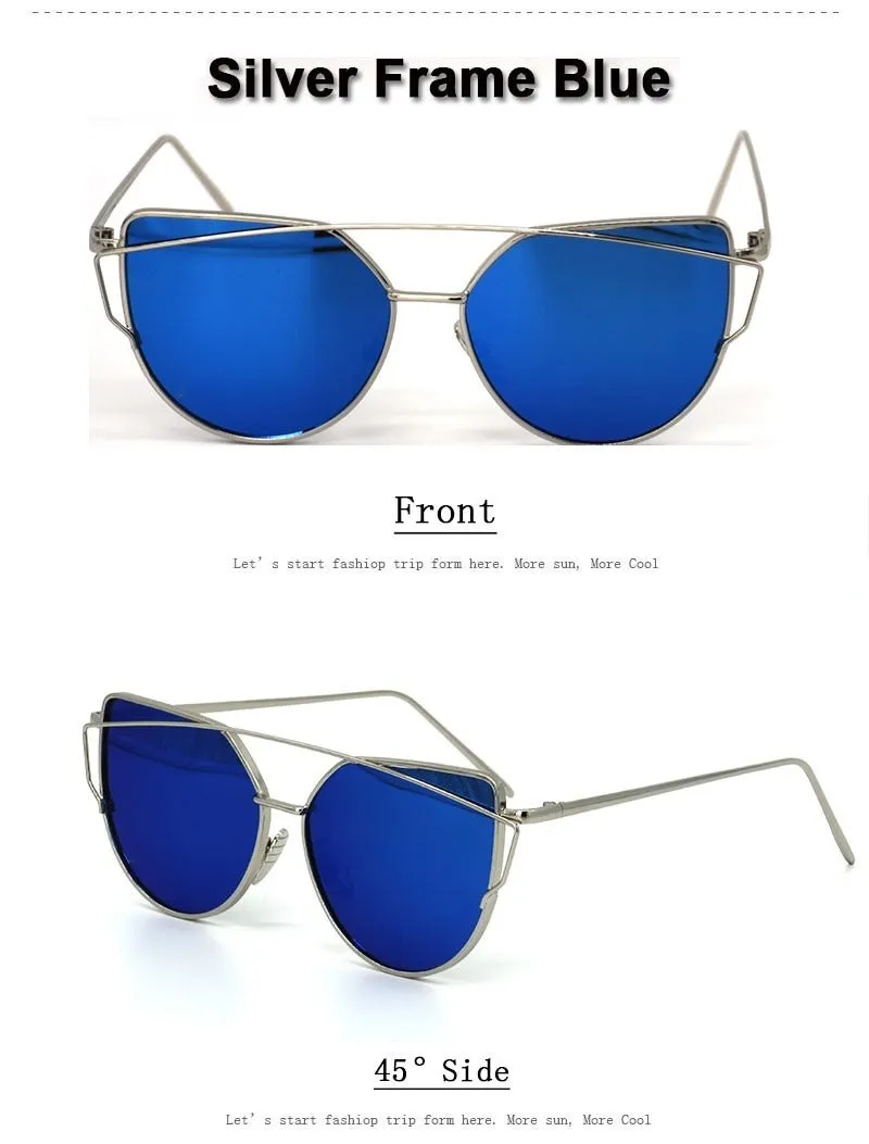 Women's Twin Beam Cat Eye Rose Gold Designer Sunglasses with Mirror Lens