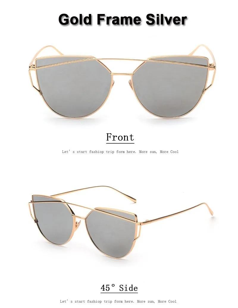 Women's Twin Beam Cat Eye Rose Gold Designer Sunglasses with Mirror Lens