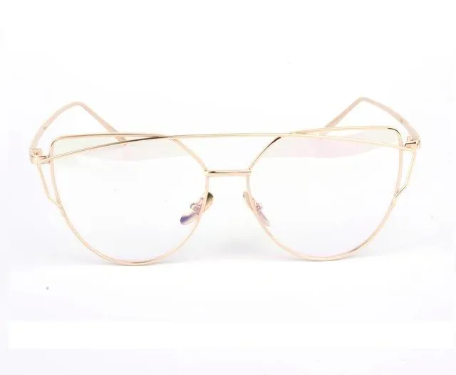 Women's Twin Beam Cat Eye Rose Gold Designer Sunglasses with Mirror Lens